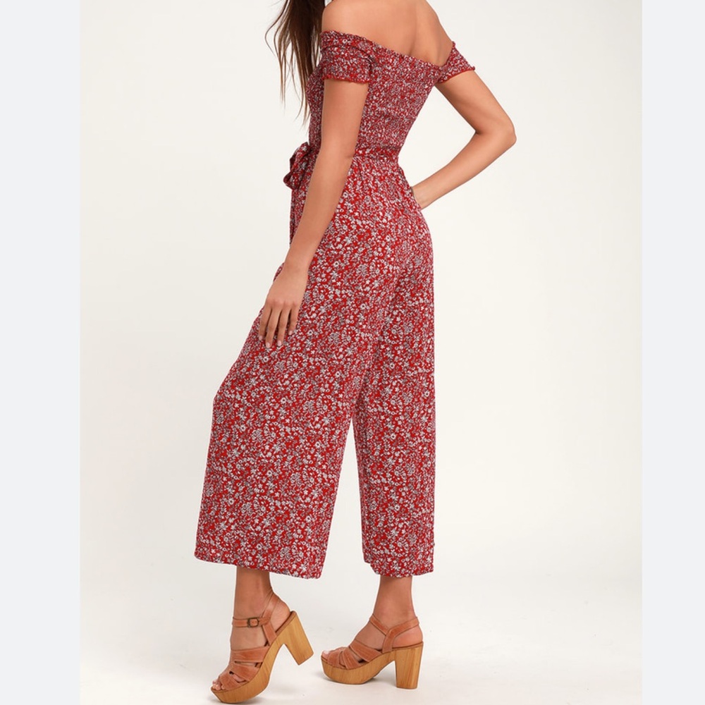 Lulu's Red and White Off-Shoulder Jumpsuit